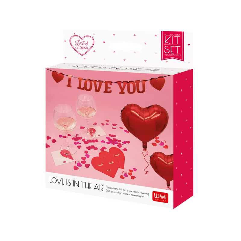 Legami - Romantic Evening Decoration Set, Paper Garland, 2 Heart Card Coasters, 5 Balloons, 2 Paper Napkins, Two-Tone Paper Confetti