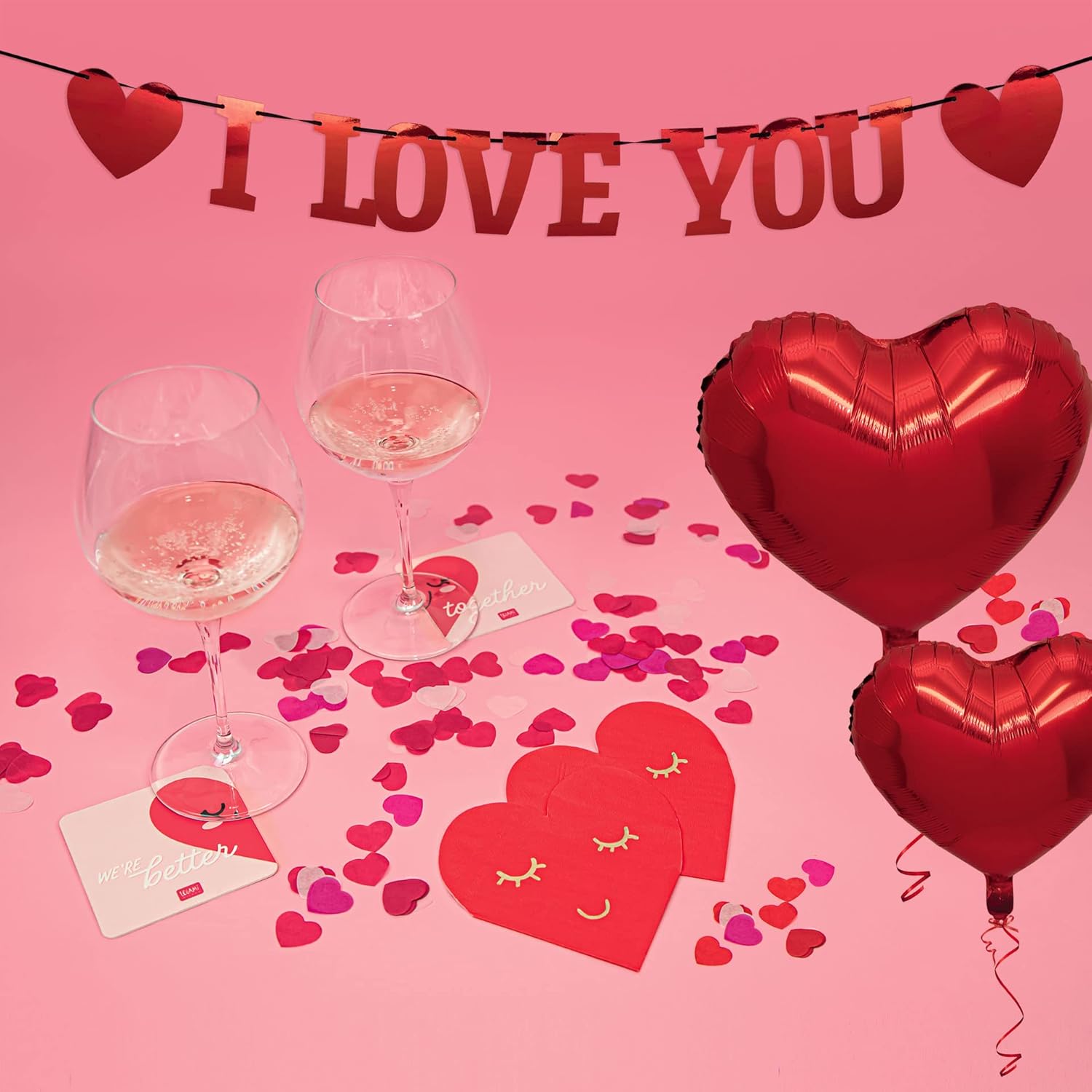 Legami - Romantic Evening Decoration Set, Paper Garland, 2 Heart Card Coasters, 5 Balloons, 2 Paper Napkins, Two-Tone Paper Confetti