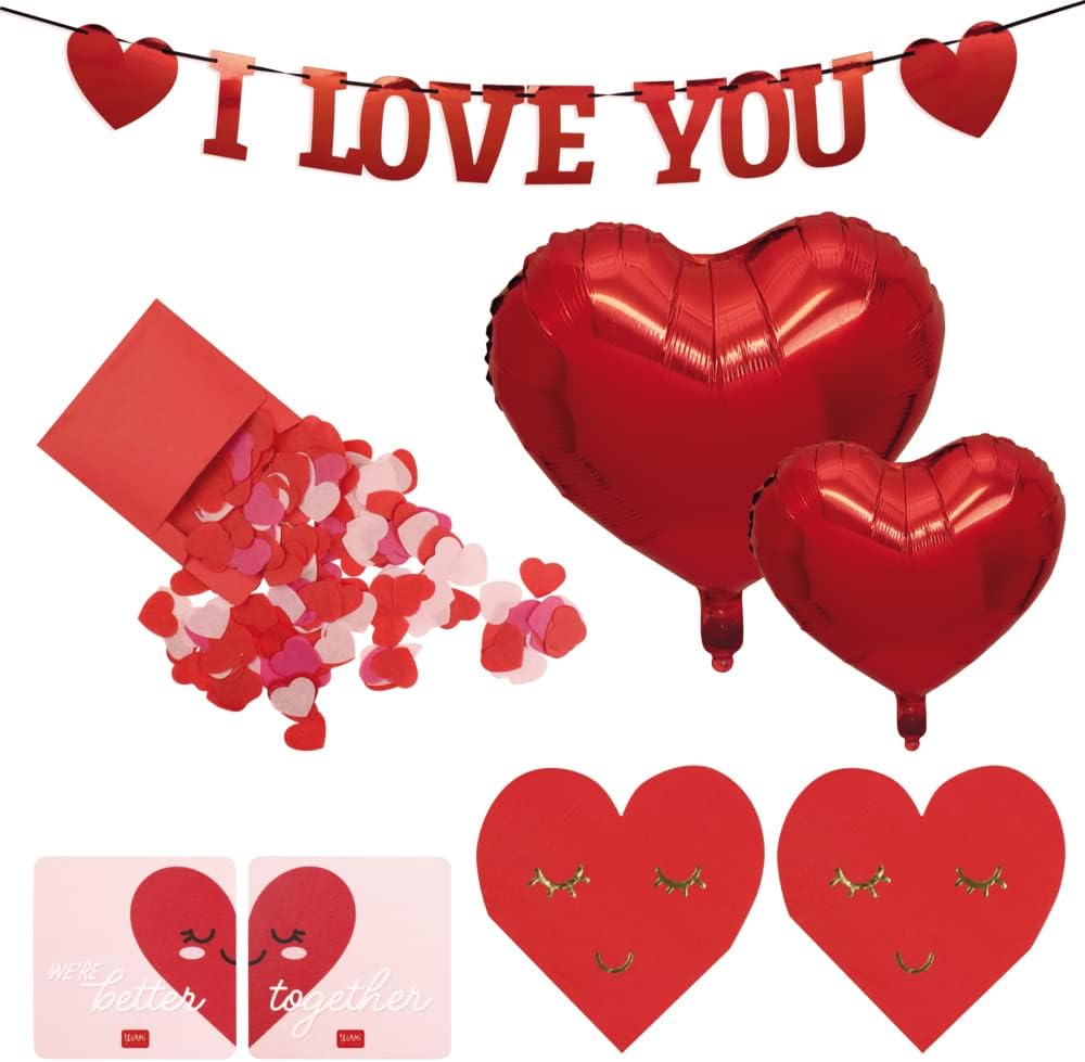 Legami - Romantic Evening Decoration Set, Paper Garland, 2 Heart Card Coasters, 5 Balloons, 2 Paper Napkins, Two-Tone Paper Confetti