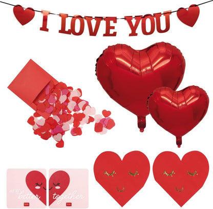 Legami - Romantic Evening Decoration Set, Paper Garland, 2 Heart Card Coasters, 5 Balloons, 2 Paper Napkins, Two-Tone Paper Confetti
