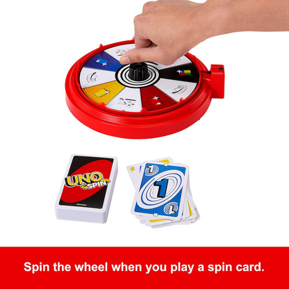 Mattel Games UNO Spin Kartenspiel für Kinder, Erwachsene und Spieleabende mit der Familie, Klassisches Spiel mit Drehscheibe, Neue Herausforderungen und Regeln, Aktivität bei schlechtem Wetter, JGR00