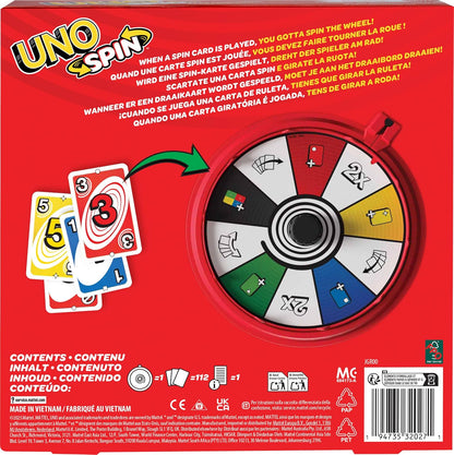 Mattel Games UNO Spin Kartenspiel für Kinder, Erwachsene und Spieleabende mit der Familie, Klassisches Spiel mit Drehscheibe, Neue Herausforderungen und Regeln, Aktivität bei schlechtem Wetter, JGR00