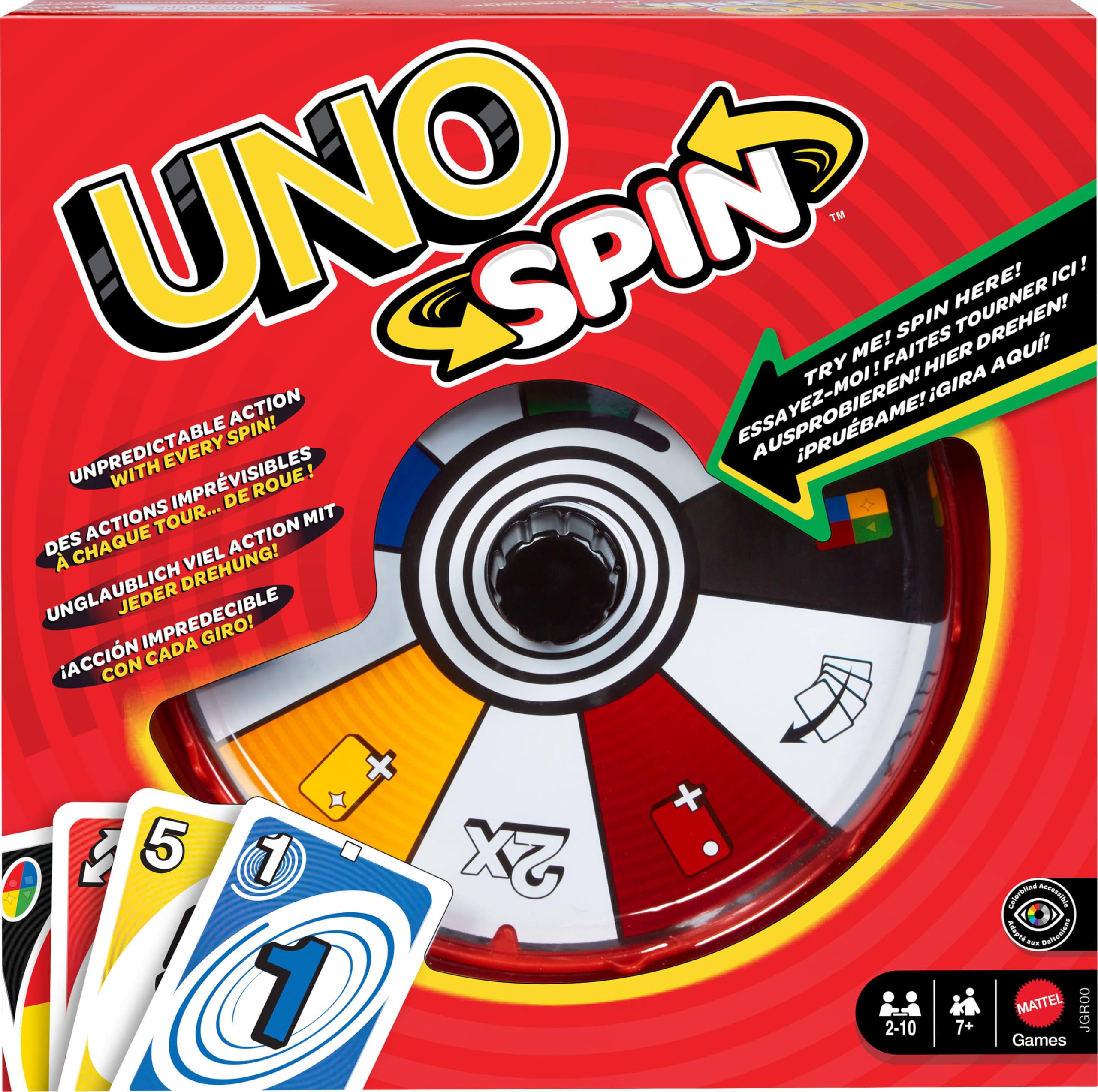 Mattel Games UNO Spin Kartenspiel für Kinder, Erwachsene und Spieleabende mit der Familie, Klassisches Spiel mit Drehscheibe, Neue Herausforderungen und Regeln, Aktivität bei schlechtem Wetter, JGR00