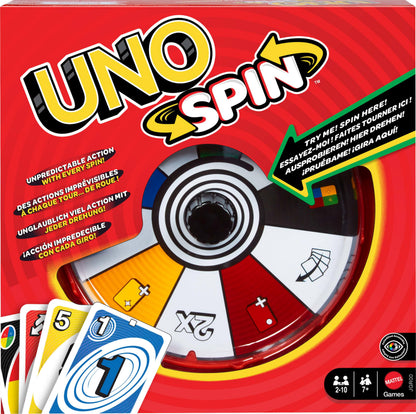 Mattel Games UNO Spin Kartenspiel für Kinder, Erwachsene und Spieleabende mit der Familie, Klassisches Spiel mit Drehscheibe, Neue Herausforderungen und Regeln, Aktivität bei schlechtem Wetter, JGR00