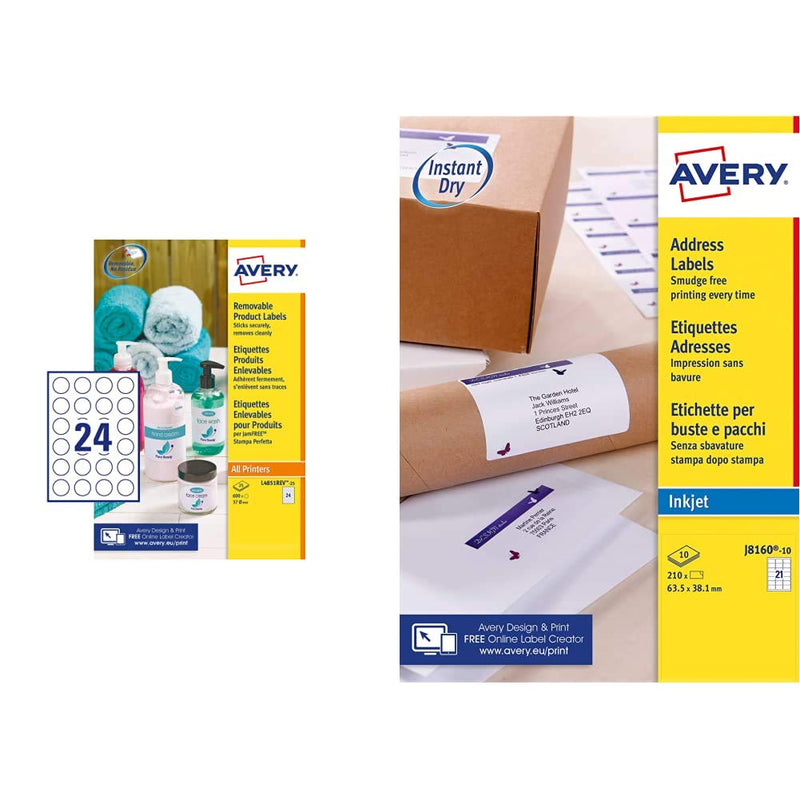 Avery L4851REV Self Adhesive Removable Round Labels, 24 Labels Per A4 Sheet, 600 Labels & Avery Self Adhesive Address Mailing Labels, Inkjet Printers, 21 Labels per A4 Sheet, 210 Labels, White