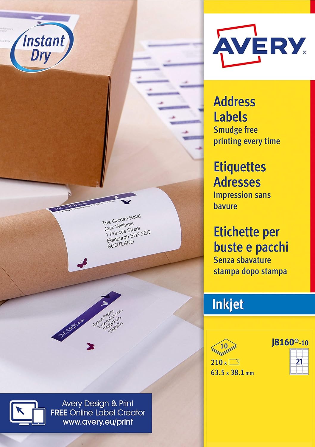 Avery L4851REV Self Adhesive Removable Round Labels, 24 Labels Per A4 Sheet, 600 Labels & Avery Self Adhesive Address Mailing Labels, Inkjet Printers, 21 Labels per A4 Sheet, 210 Labels, White