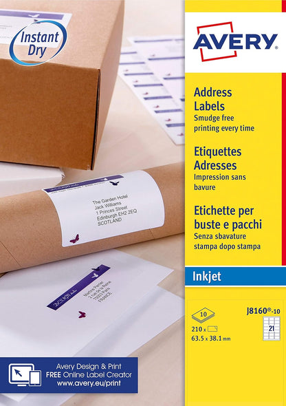 Avery L4851REV Self Adhesive Removable Round Labels, 24 Labels Per A4 Sheet, 600 Labels & Avery Self Adhesive Address Mailing Labels, Inkjet Printers, 21 Labels per A4 Sheet, 210 Labels, White