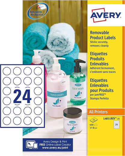 Avery L4851REV Self Adhesive Removable Round Labels, 24 Labels Per A4 Sheet, 600 Labels & Avery Self Adhesive Address Mailing Labels, Inkjet Printers, 21 Labels per A4 Sheet, 210 Labels, White