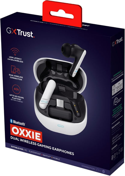 GXTrust 409 Oxxie Wireless Earbuds PS5 Switch PC Mobile, Bluetooth or USB-C Receiver, Gaming Earphones with 4 ENC Noise Cancelling Microphones, 40h Battery Life, Low Latency Stereo In Ear Buds, White