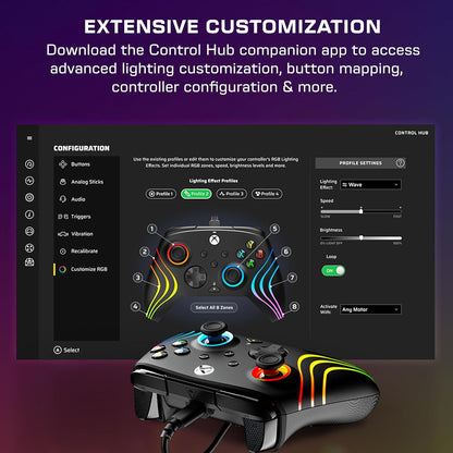 Turtle Beach Afterglow Wave Zwart Bekabelde RGB-Gamingcontroller – Gelicentieerd voor Xbox Series X en S, Xbox One en Windows – Toewijsbare knoppen, Hall-Effect-Hairtriggers, Audiobediening