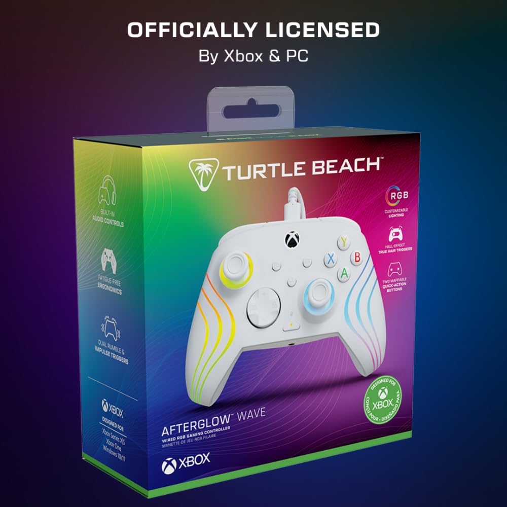Turtle Beach Afterglow Wave Wit Bekabelde RGB-Gamingcontroller – Gelicentieerd voor Xbox Series X en S, Xbox One en Windows – Toewijsbare knoppen, Hall-Effect-Hairtriggers, Audiobediening