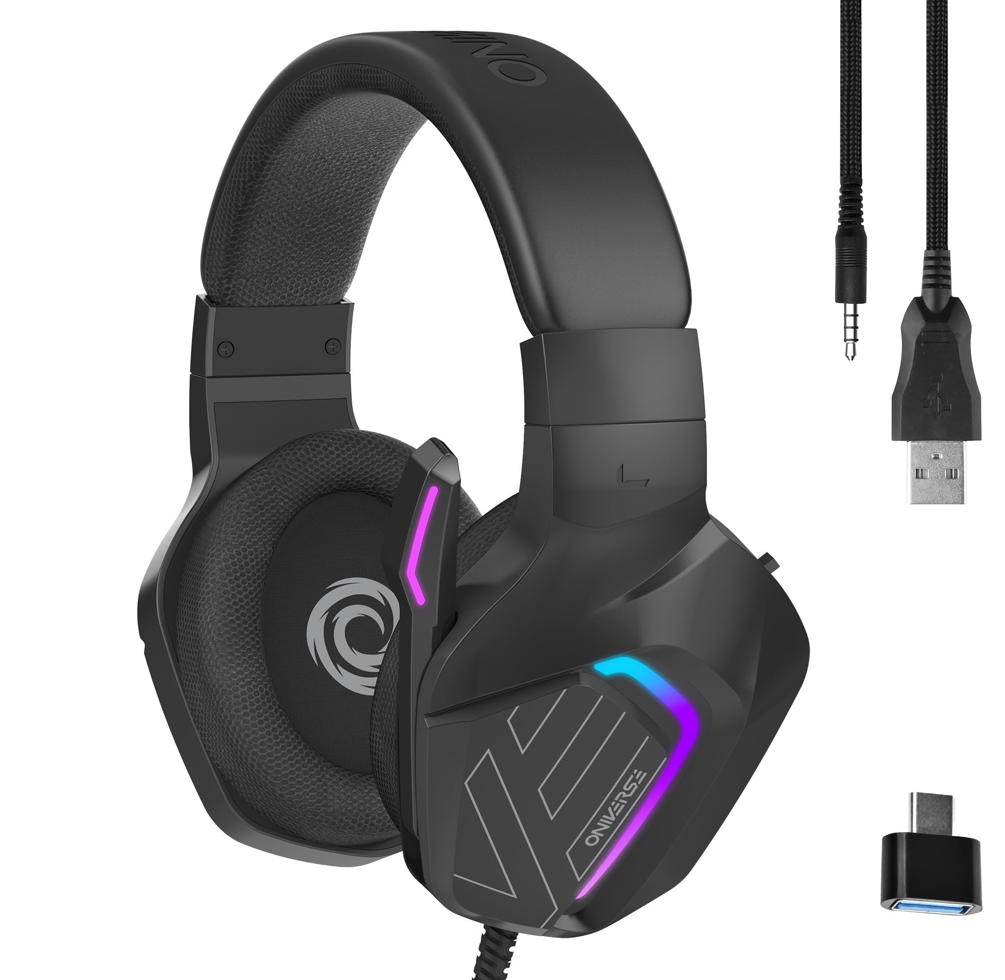 Oniverse Bedrade gaming-headset met verstelbare microfoon, compatibel met PS5 PS4 Switch Xbox PC Mac, led-gaming-hoofdtelefoon, 50 mm luidspreker, comfortabel en ademend, bekabelde jack - meteor