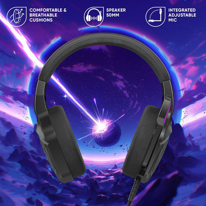 Oniverse Bedrade gaming-headset met verstelbare microfoon, compatibel met PS5 PS4 Switch Xbox PC Mac, led-gaming-hoofdtelefoon, 50 mm luidspreker, comfortabel en ademend, bekabelde jack - meteor