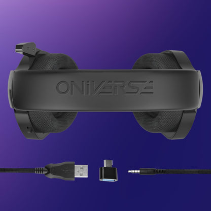 Oniverse Bedrade gaming-headset met verstelbare microfoon, compatibel met PS5 PS4 Switch Xbox PC Mac, led-gaming-hoofdtelefoon, 50 mm luidspreker, comfortabel en ademend, bekabelde jack - meteor