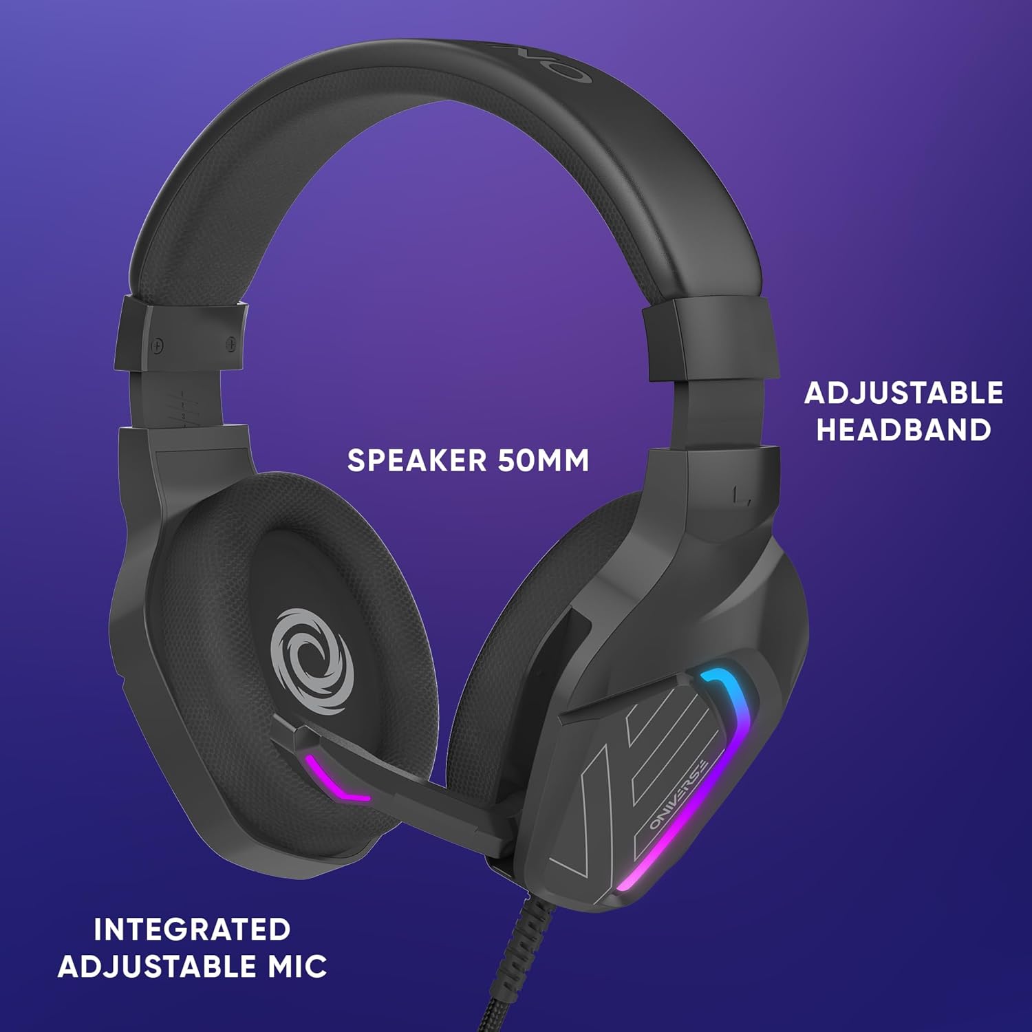 Oniverse Bedrade gaming-headset met verstelbare microfoon, compatibel met PS5 PS4 Switch Xbox PC Mac, led-gaming-hoofdtelefoon, 50 mm luidspreker, comfortabel en ademend, bekabelde jack - meteor