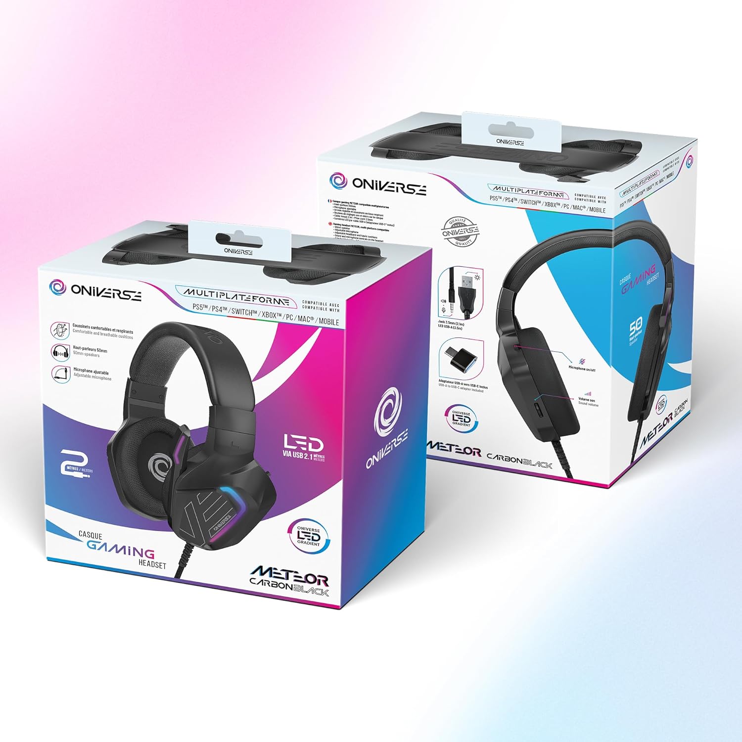 Oniverse Bedrade gaming-headset met verstelbare microfoon, compatibel met PS5 PS4 Switch Xbox PC Mac, led-gaming-hoofdtelefoon, 50 mm luidspreker, comfortabel en ademend, bekabelde jack - meteor