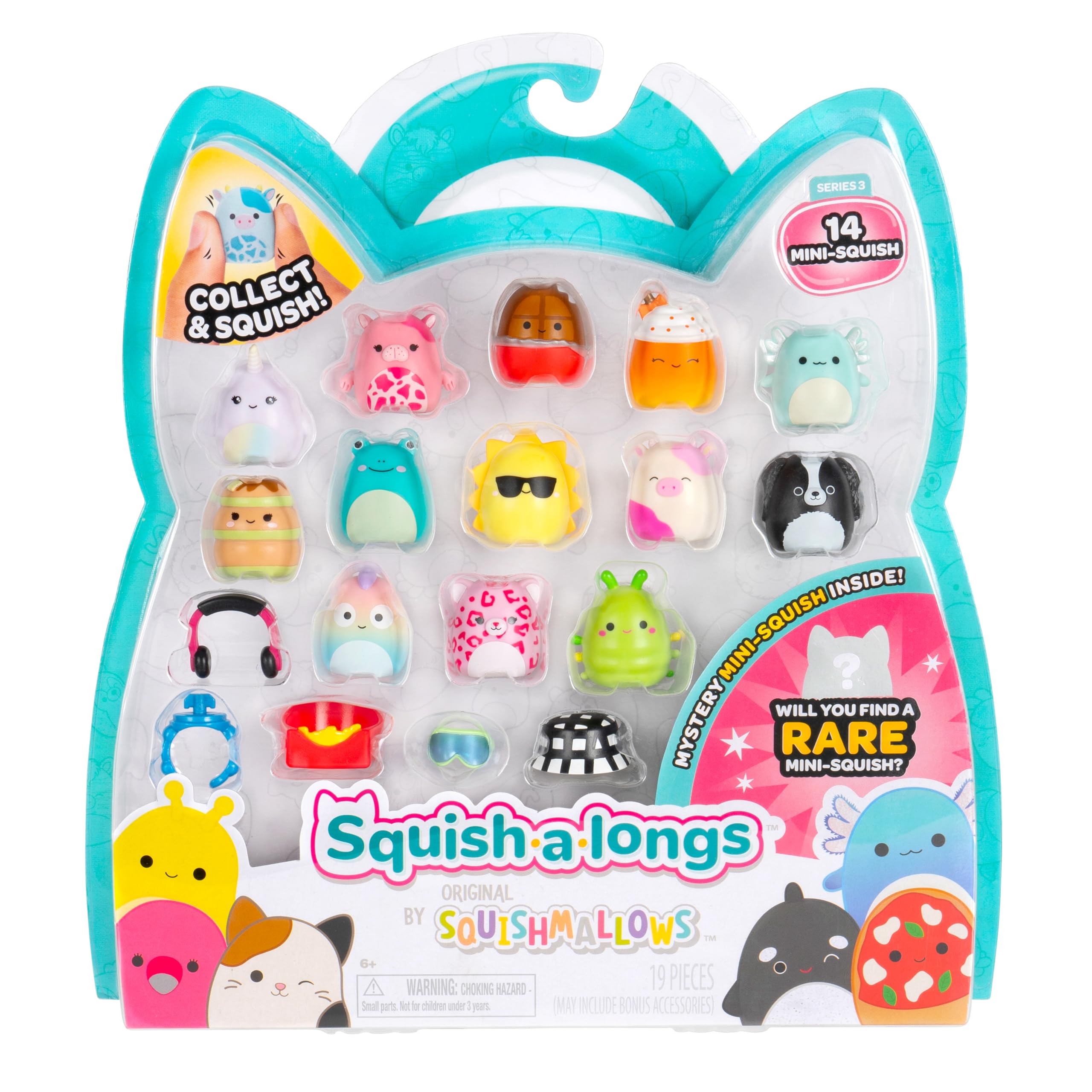 Squish-a-longs Mini-Squish 14-Pack (Wave 3, Style 1) - Pink Cow, Green Caterpillar, Rainbow Chameleon