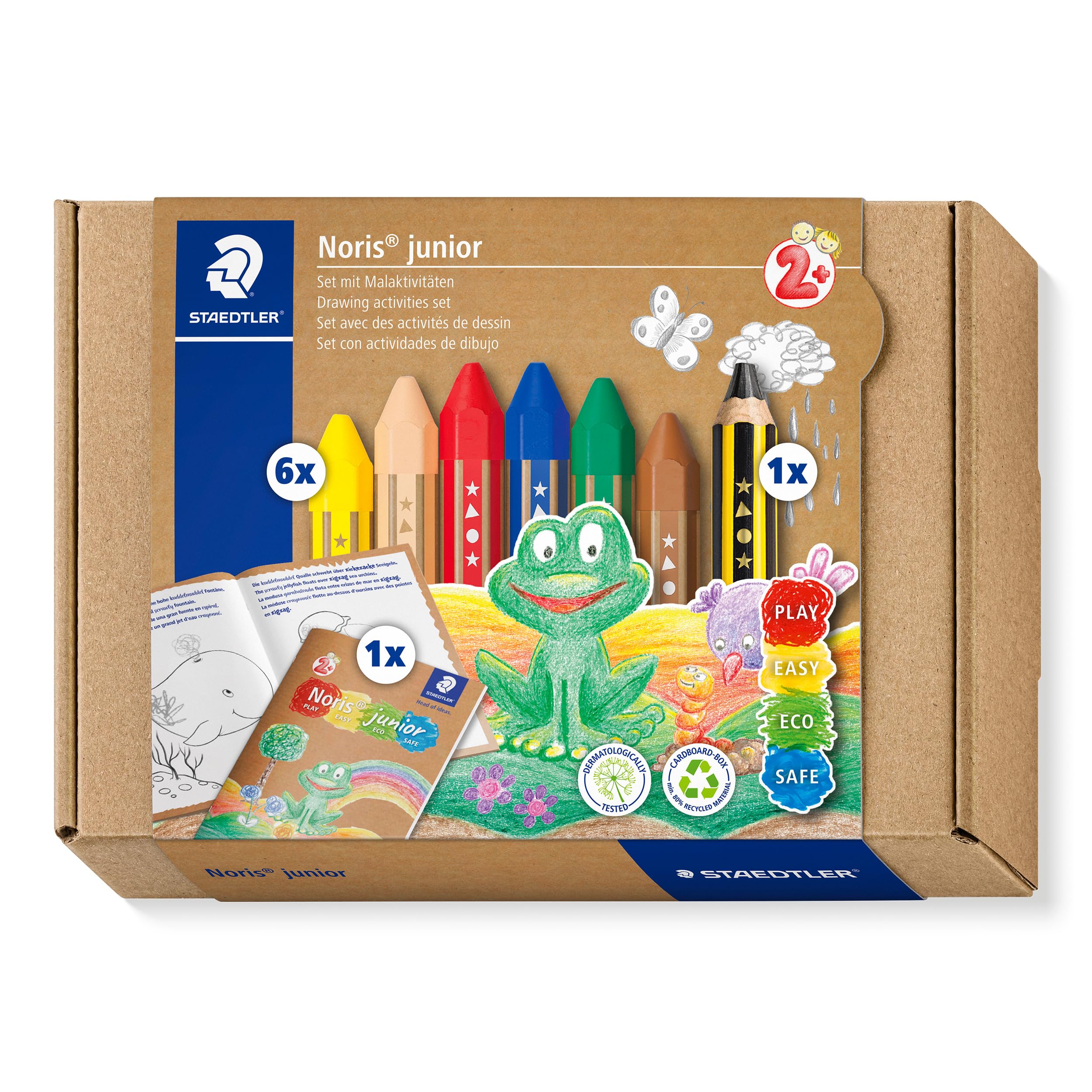 STAEDTLER 61 C1 Noris Junior Activity Set - Mixed Set for Drawing & Colouring (Pack of 7 Pieces, Including Wax Crayons & Activity Book