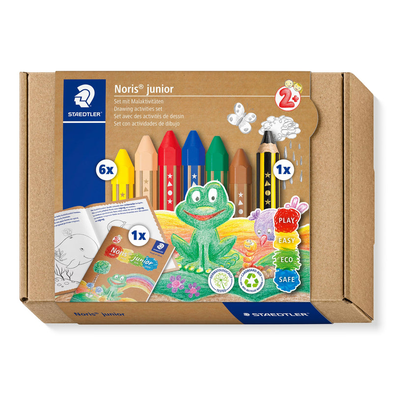STAEDTLER 61 C1 Noris Junior Activity Set - Mixed Set for Drawing & Colouring (Pack of 7 Pieces, Including Wax Crayons & Activity Book