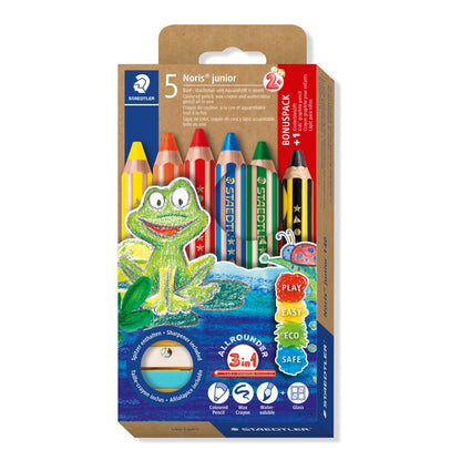 Staedtler Noris junior 140 C6P1 - Matita colorata 3 in 1, extra infrangibile, ideale per bambini, per molte superfici, astuccio di cartone con 6 matite e temperamatite, 3 in 1