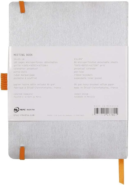 RHODIA 117781C - Soft Notebook Meeting Silver - A5+ - Pre-Printed Date/Notes/Action|160 Detachable Pages - Clairefontaine Paper 90g|Marque-Page, Pencil Holder - Imitation Leather Cover - Rhodiarama