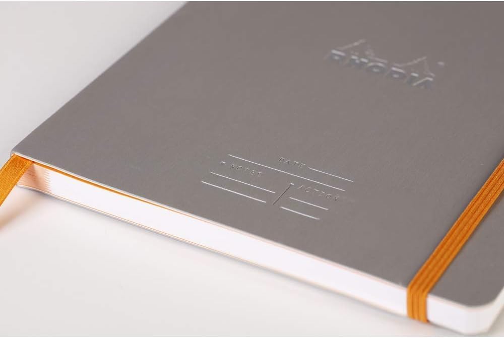 RHODIA 117781C - Soft Notebook Meeting Silver - A5+ - Pre-Printed Date/Notes/Action|160 Detachable Pages - Clairefontaine Paper 90g|Marque-Page, Pencil Holder - Imitation Leather Cover - Rhodiarama
