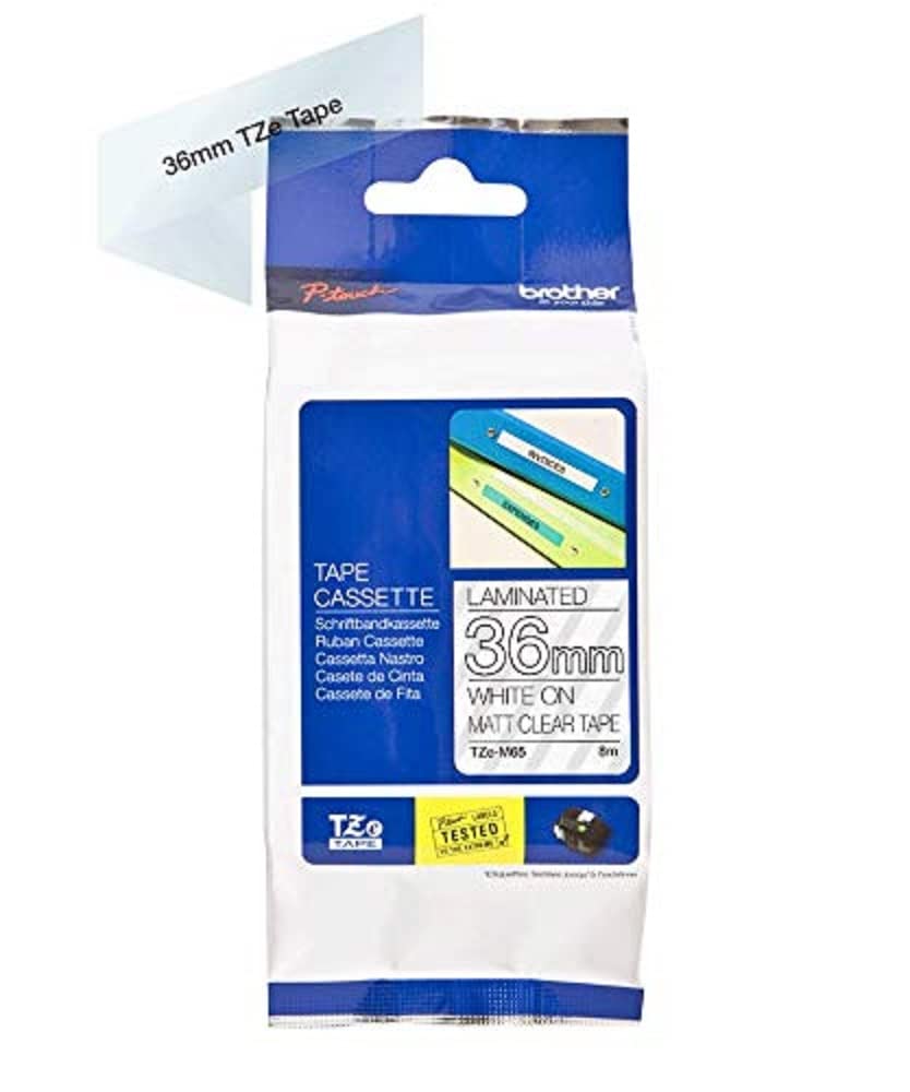 Original Brother TZe-M65 Matt Label Tape White on Clear - 36mm Wide x 8m Long