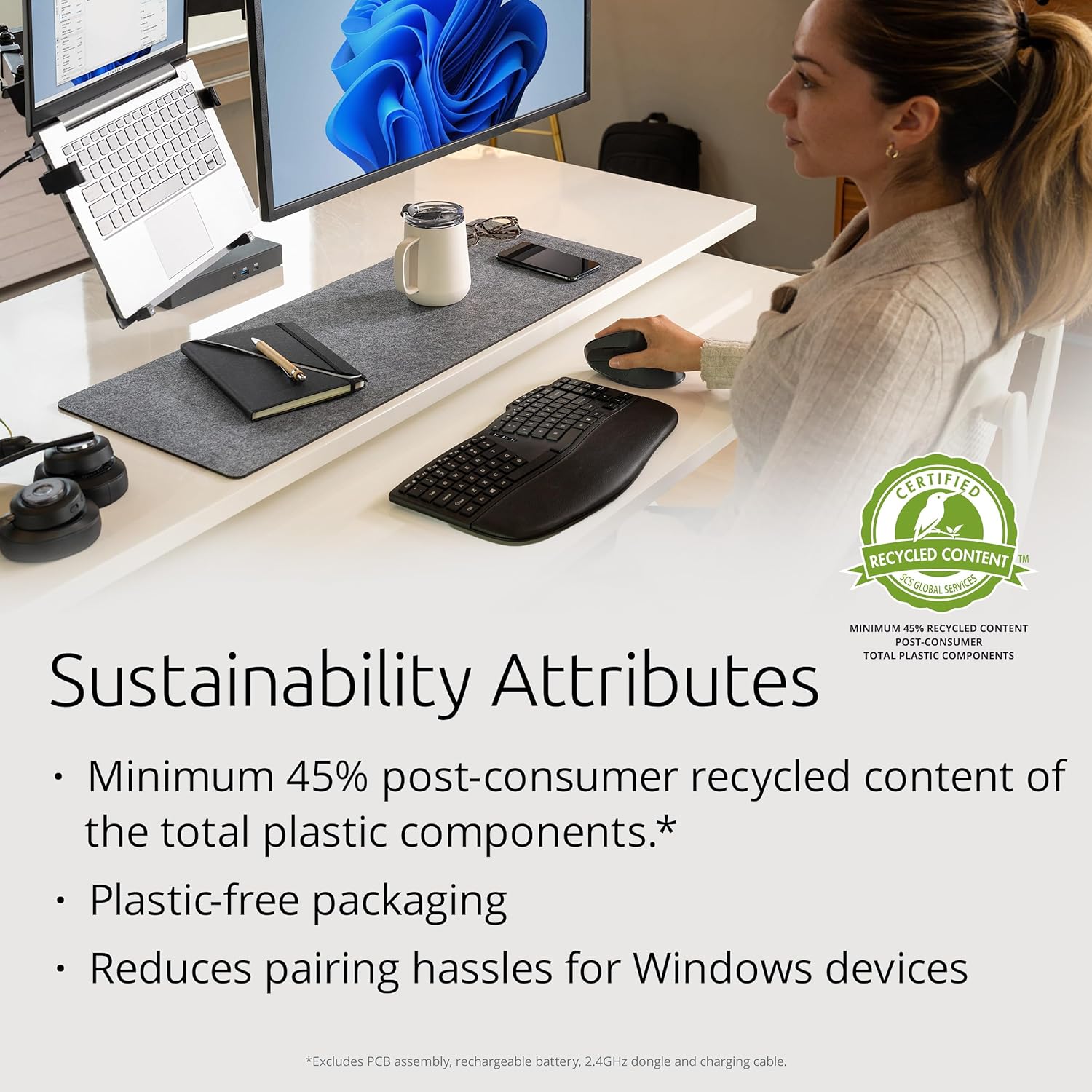 Kensington Pro Fit Ergo KB675 EQ, QWERTY, 2.4GHz Bluetooth, Wireless, Rechargeable TKL Keyboard, Compatible with Windows and macOS, Composed of 43% Post-Consumer Recycled Content (K75491UK