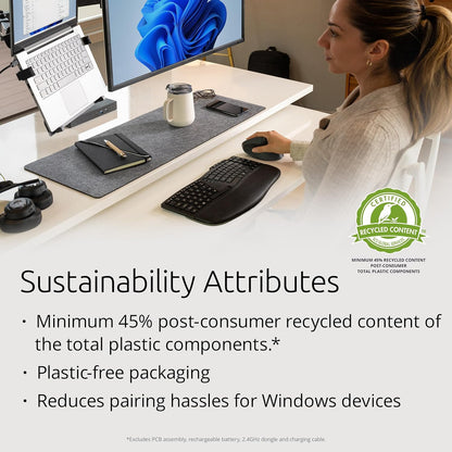 Kensington Pro Fit Ergo KB675 EQ, QWERTY, 2.4GHz Bluetooth, Wireless, Rechargeable TKL Keyboard, Compatible with Windows and macOS, Composed of 43% Post-Consumer Recycled Content (K75491UK