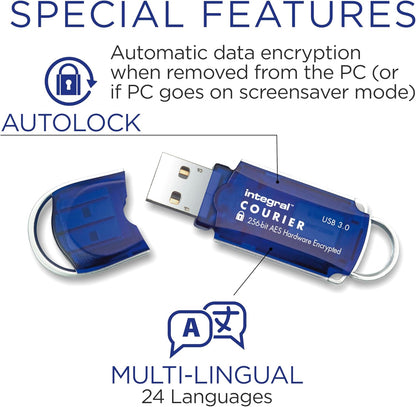 Integral 8GB Courier-197 256-Bit Hardware Encrypted 3.0 USB Secure Flash Memory Drive - Certified to FIPS 197, Brute-Force Password Attack Protection & Super USB3.0 Transfer Speeds XTS-AES