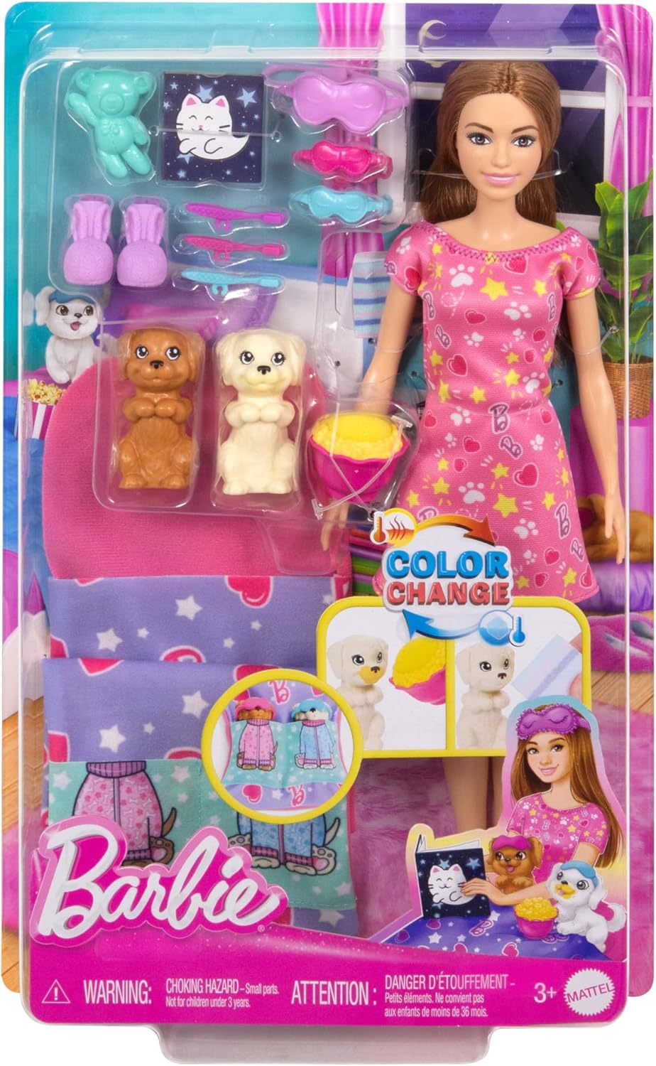 Barbie Pop en Speelset met 2 speelgoedhondjes en meer dan 10 accessoires, puppyslaapfeestje met kleurveranderingsfunctie, slaapzak, oogmaskers en meer, HXN01