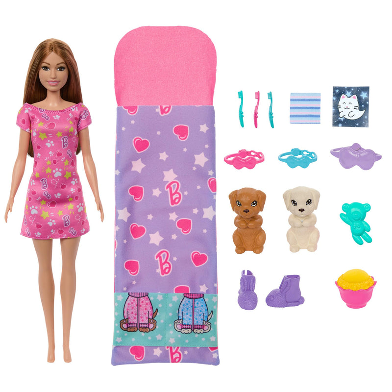 Barbie Pop en Speelset met 2 speelgoedhondjes en meer dan 10 accessoires, puppyslaapfeestje met kleurveranderingsfunctie, slaapzak, oogmaskers en meer, HXN01