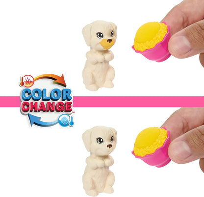 Barbie Pop en Speelset met 2 speelgoedhondjes en meer dan 10 accessoires, puppyslaapfeestje met kleurveranderingsfunctie, slaapzak, oogmaskers en meer, HXN01