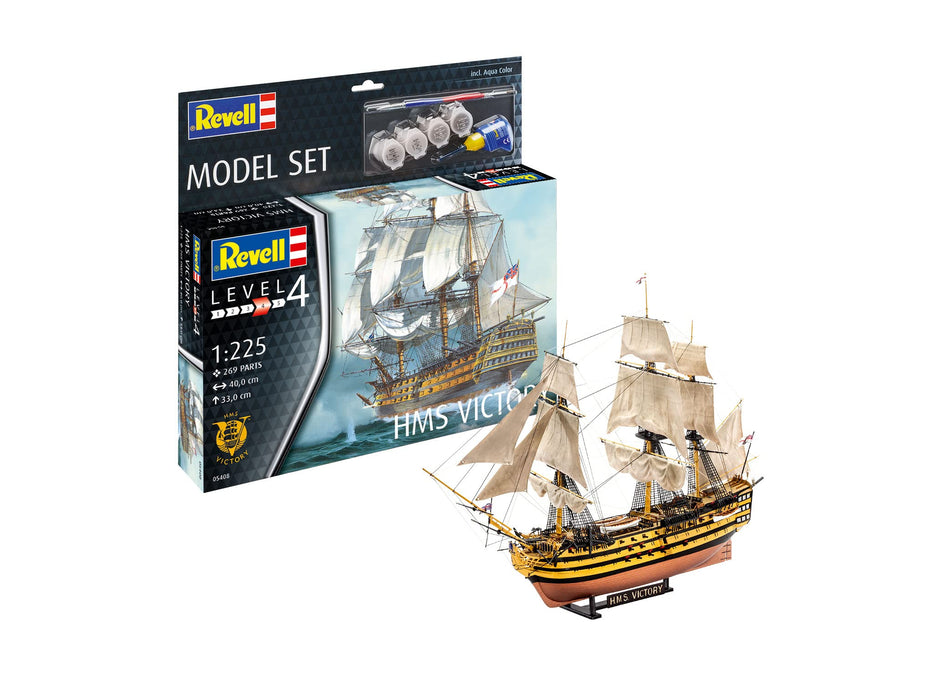 Revell Model Set 65408 HMS Victory 1:225 Scale Unbuilt/Unpainted Plastic Model Kit with Contacta Professional Glue, Paintbrush & Selected Aqua Color Paints