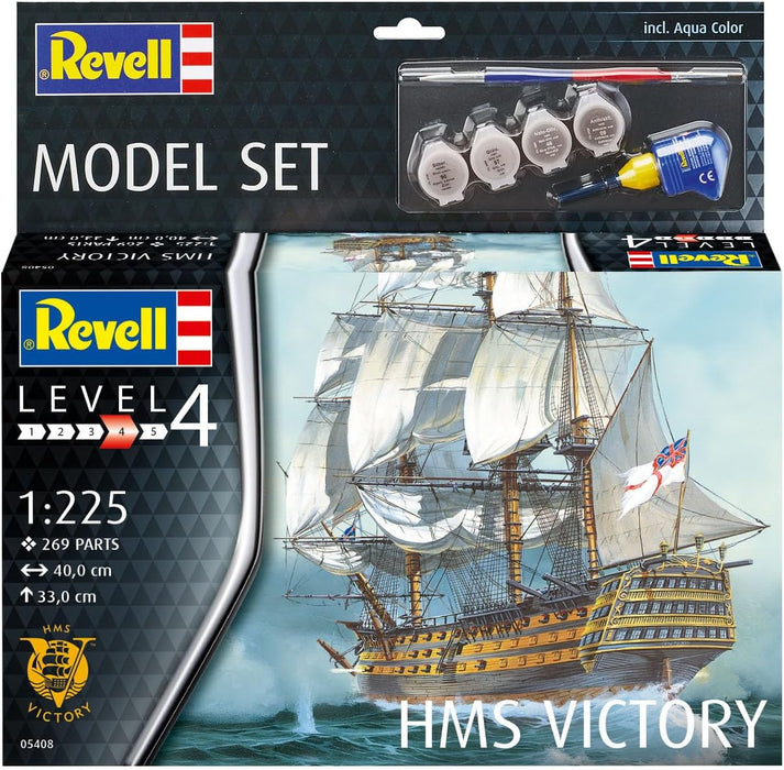 Revell Model Set 65408 HMS Victory 1:225 Scale Unbuilt/Unpainted Plastic Model Kit with Contacta Professional Glue, Paintbrush & Selected Aqua Color Paints