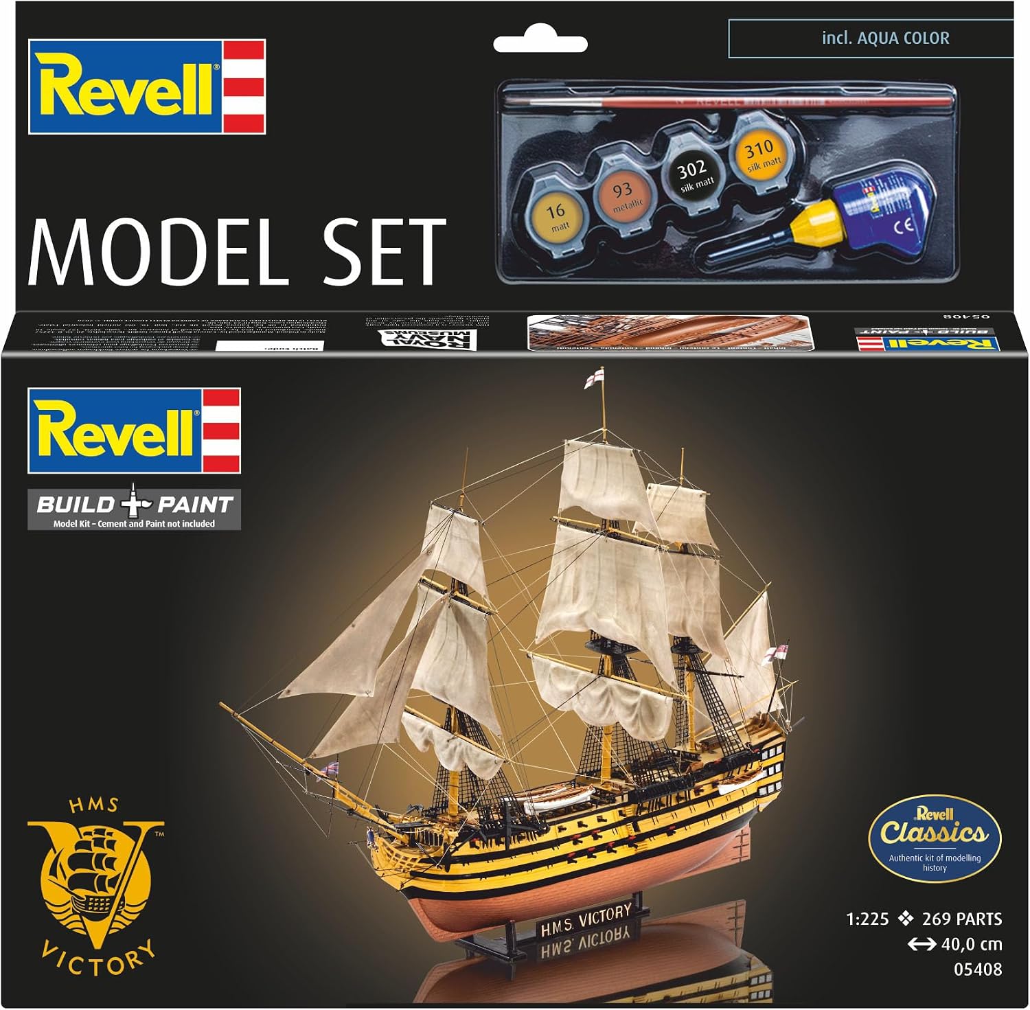 Revell Model Set 65408 HMS Victory 1:225 Scale Unbuilt/Unpainted Plastic Model Kit with Contacta Professional Glue, Paintbrush & Selected Aqua Color Paints