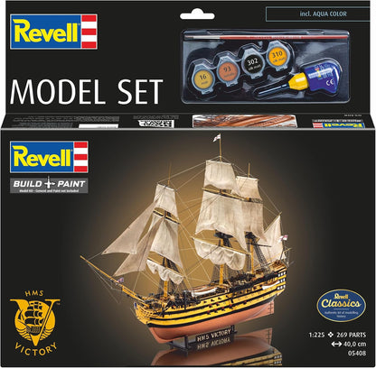 Revell Model Set 65408 HMS Victory 1:225 Scale Unbuilt/Unpainted Plastic Model Kit with Contacta Professional Glue, Paintbrush & Selected Aqua Color Paints