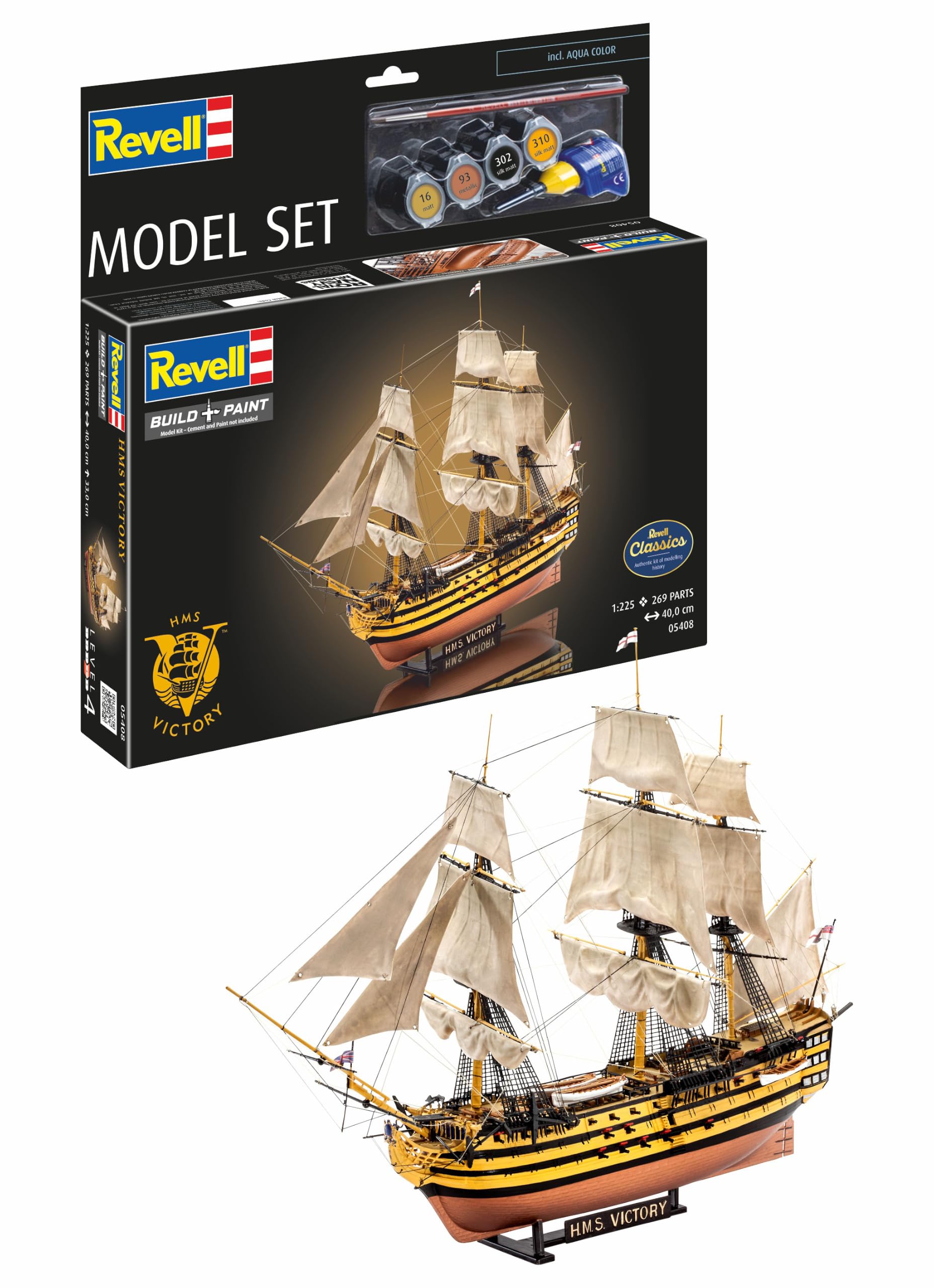 Revell Model Set 65408 HMS Victory 1:225 Scale Unbuilt/Unpainted Plastic Model Kit with Contacta Professional Glue, Paintbrush & Selected Aqua Color Paints