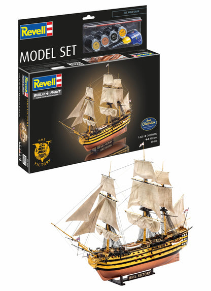 Revell Model Set 65408 HMS Victory 1:225 Scale Unbuilt/Unpainted Plastic Model Kit with Contacta Professional Glue, Paintbrush & Selected Aqua Color Paints