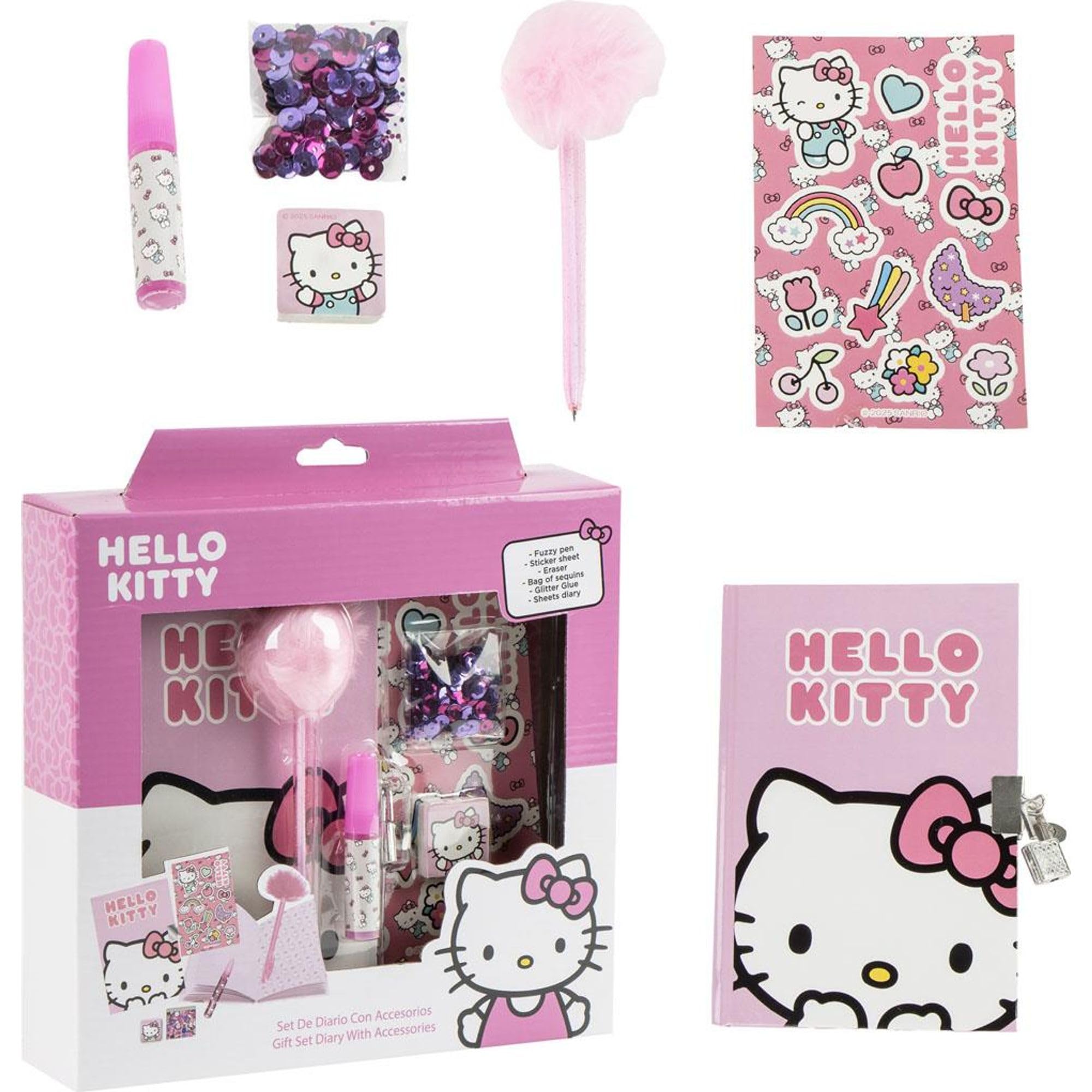 Tagebuch Set Hello Kitty – Komplettset mit Tagebuch, Fuzzy Pen, Stickern und Schreibwaren für Mädchen, die Hello Kitty Fans mit süßem Stil dekorieren, zeichnen und schreiben möchten