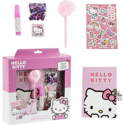 Tagebuch Set Hello Kitty – Komplettset mit Tagebuch, Fuzzy Pen, Stickern und Schreibwaren für Mädchen, die Hello Kitty Fans mit süßem Stil dekorieren, zeichnen und schreiben möchten