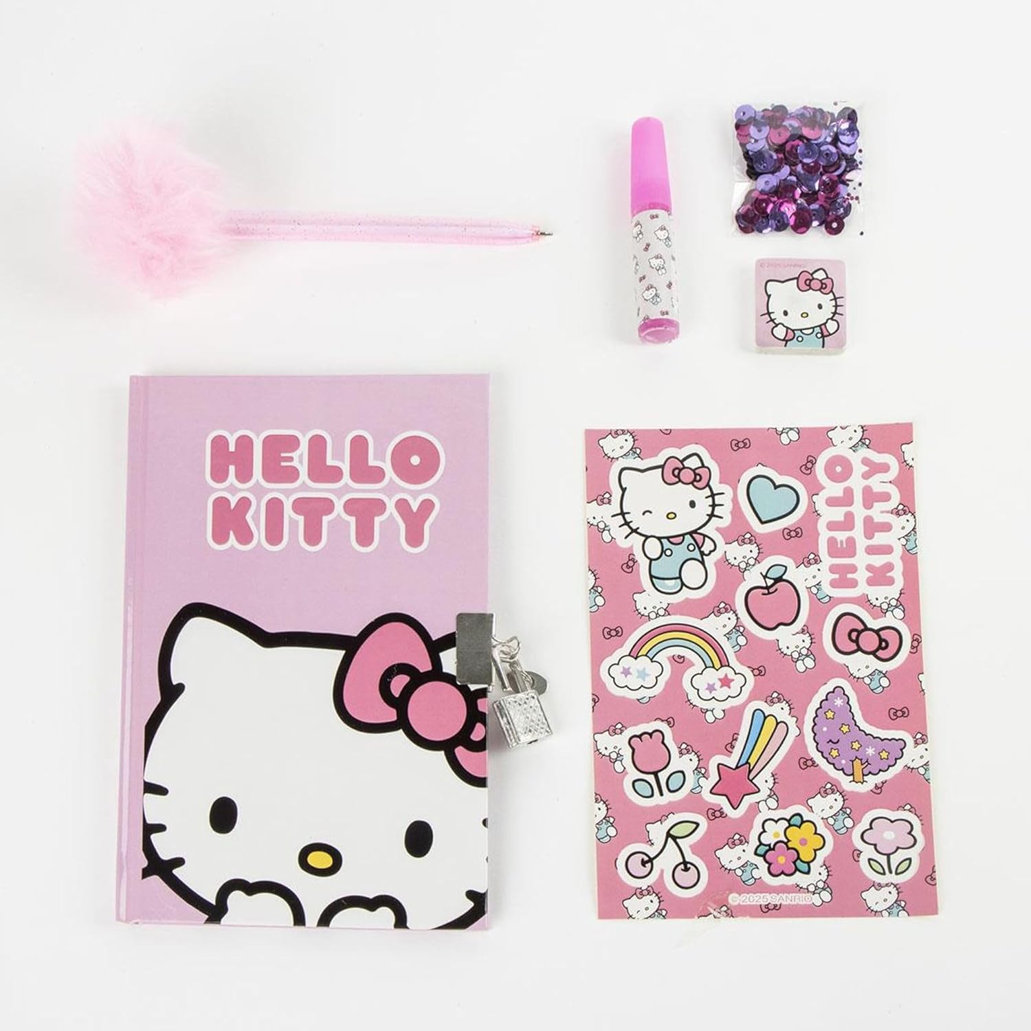 Tagebuch Set Hello Kitty – Komplettset mit Tagebuch, Fuzzy Pen, Stickern und Schreibwaren für Mädchen, die Hello Kitty Fans mit süßem Stil dekorieren, zeichnen und schreiben möchten