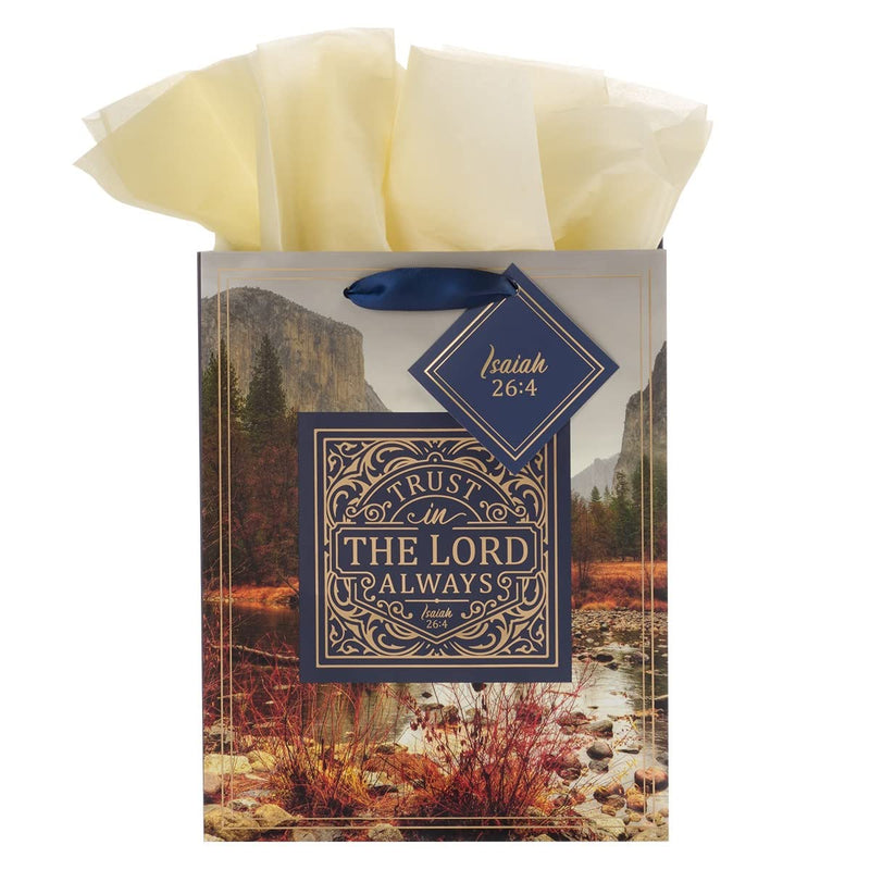 Christian Art Gifts Gift Bag/Tissue Paper Set Trust In The Lord Always Isaiah 26:4 Bible Verse, Blue/Gold, Medium