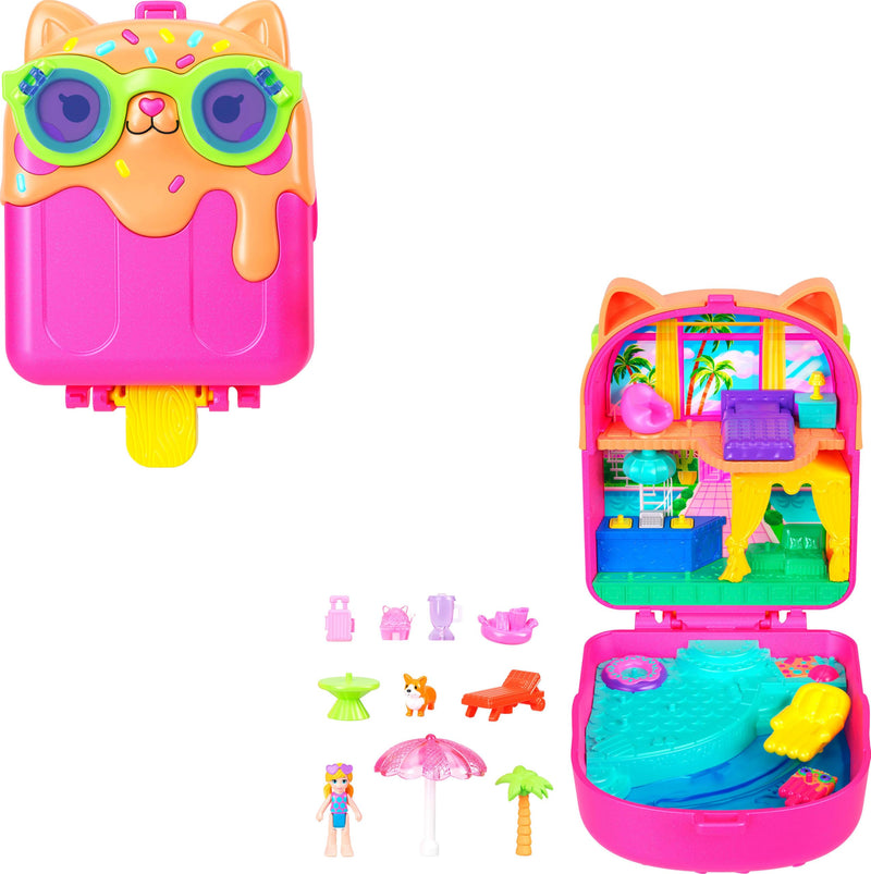 Polly Pocket Puppe und Spielset, Eiskätzchen-Schatulle, Reisespielzeug mit 1 Minipuppe, Hündchen und passendem Zubehör, JCB17