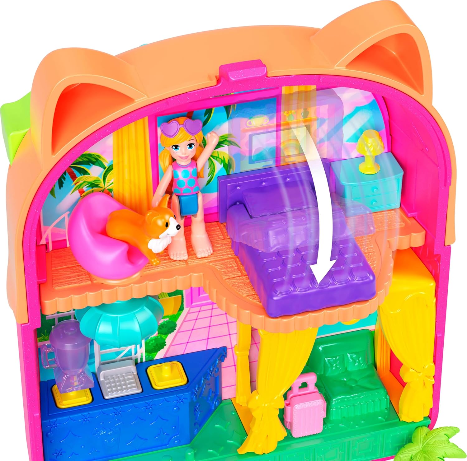 Polly Pocket Puppe und Spielset, Eiskätzchen-Schatulle, Reisespielzeug mit 1 Minipuppe, Hündchen und passendem Zubehör, JCB17