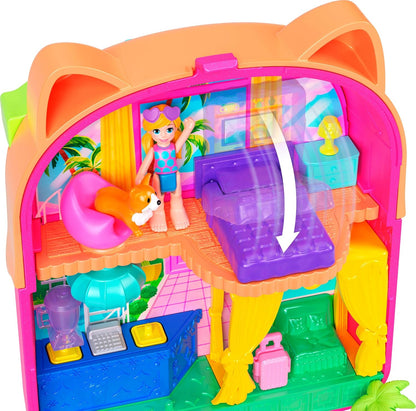 Polly Pocket Puppe und Spielset, Eiskätzchen-Schatulle, Reisespielzeug mit 1 Minipuppe, Hündchen und passendem Zubehör, JCB17