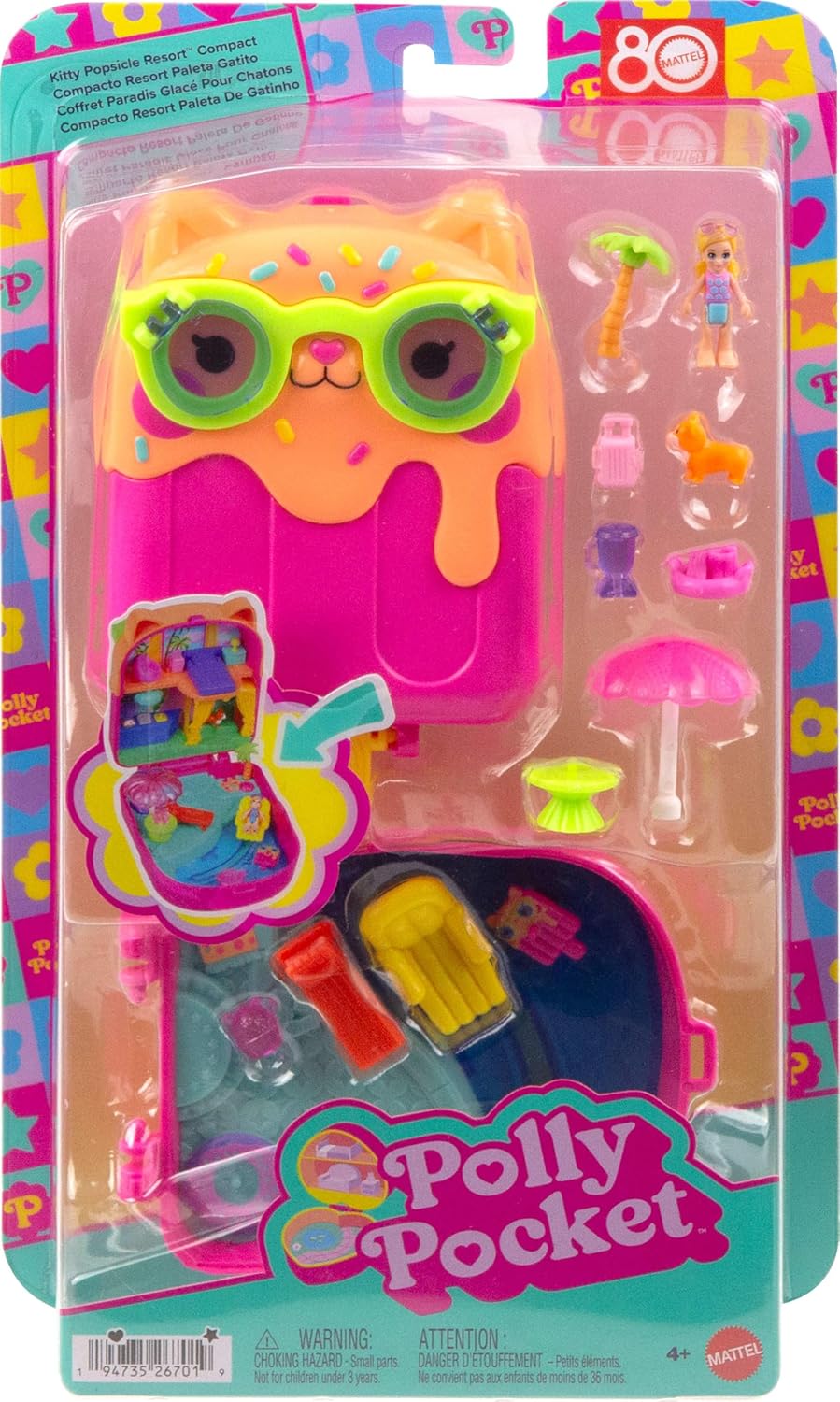 Polly Pocket Puppe und Spielset, Eiskätzchen-Schatulle, Reisespielzeug mit 1 Minipuppe, Hündchen und passendem Zubehör, JCB17