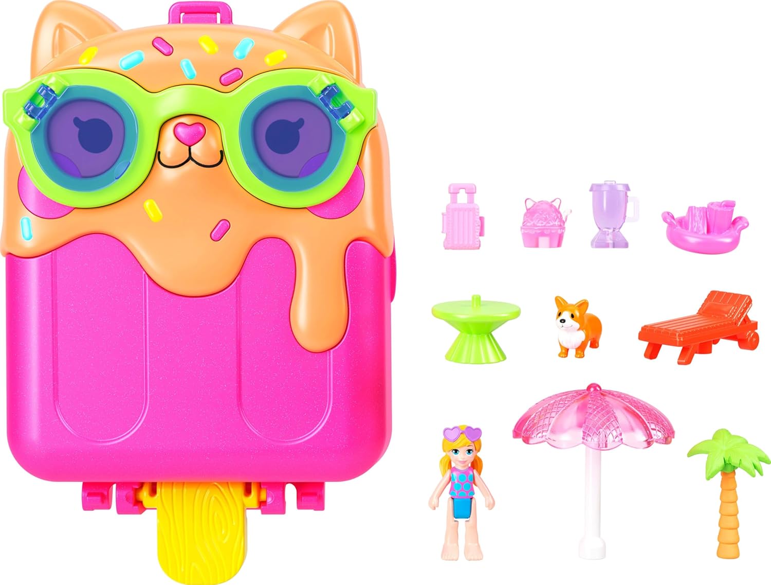 Polly Pocket Puppe und Spielset, Eiskätzchen-Schatulle, Reisespielzeug mit 1 Minipuppe, Hündchen und passendem Zubehör, JCB17