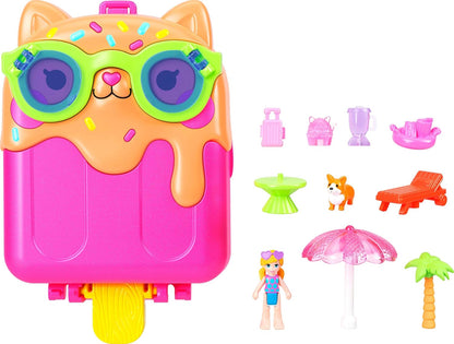 Polly Pocket Puppe und Spielset, Eiskätzchen-Schatulle, Reisespielzeug mit 1 Minipuppe, Hündchen und passendem Zubehör, JCB17