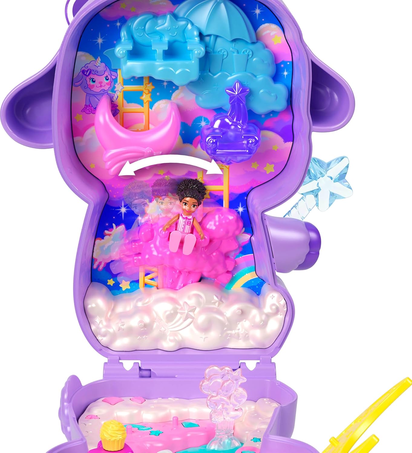 Polly Pocket Puppen und Spielset, Traumland-Schatulle in Lammform, Reisespielzeug mit 1 Minipuppe, Haustier-Einhorn, Futter- und Stylingzubehör, JCB15